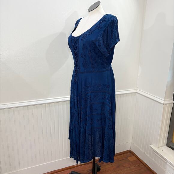 Lapogee Asymmetric Dress Embroidered Milk Maid Lace Up Boho Fairy Renaissance - Picture 4 of 14